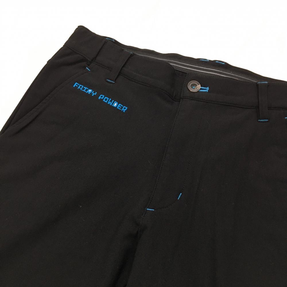 美品】フェアリーパウダー パンツ 黒×ライトブルー 後ポケットロゴ総柄