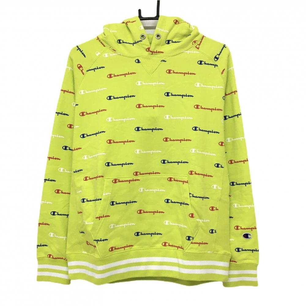 【新品】チャンピオン パーカー ライトグリーン×ブルー×レッド ロゴ総柄 トレーナー メンズ M ゴルフウェア Champion