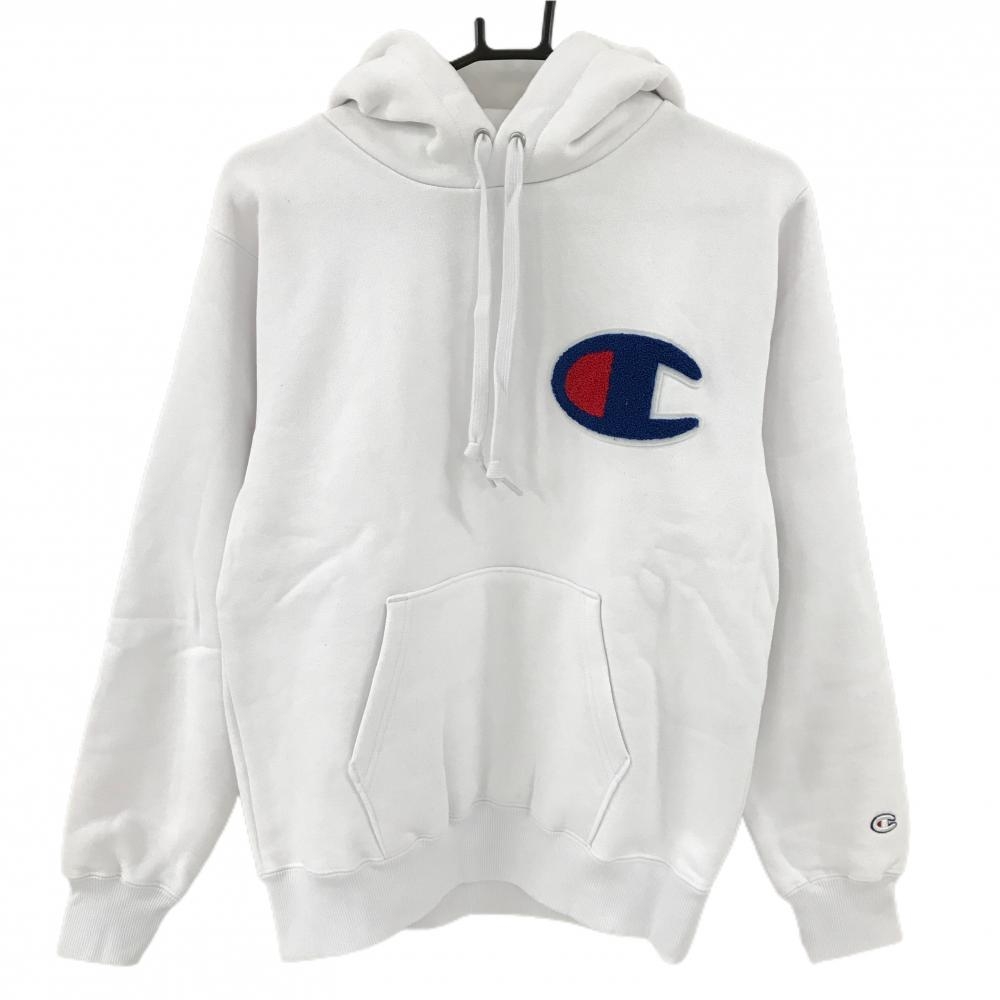 【新品】チャンピオン パーカー 白×ブルー 裏起毛 ビッグロゴ スウェット メンズ MEDIUM ゴルフウェア Champion