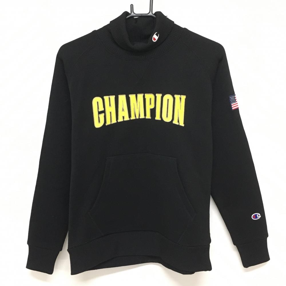 チャンピオン タートルネックセーター 黒×イエロー 袖星条旗 腹部ポケット レディース LARGE ゴルフウェア Champion