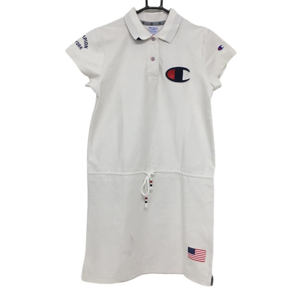 チャンピオン ワンピース 白×ネイビー ビックロゴ 襟裏柄 ウエスト紐 レディース LARGE ゴルフウェア Champion 画像