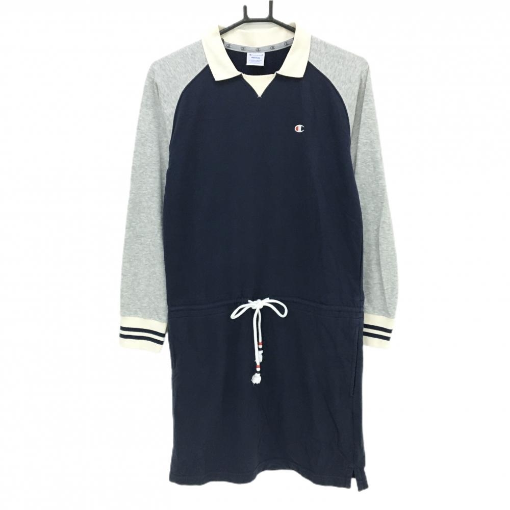 チャンピオン 襟付きワンピース ネイビー×杢グレー ウエスト調整紐 胸ロゴ レディース MEDIUM ゴルフウェア Champion