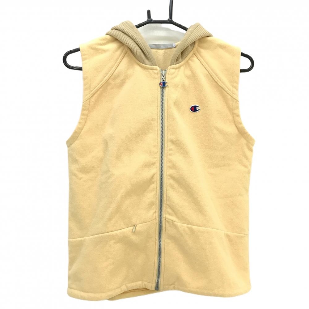 【美品】チャンピオン フード付きベスト イエロー系×ベージュ 裏起毛 ロゴワッペン レディース M ゴルフウェア Champion