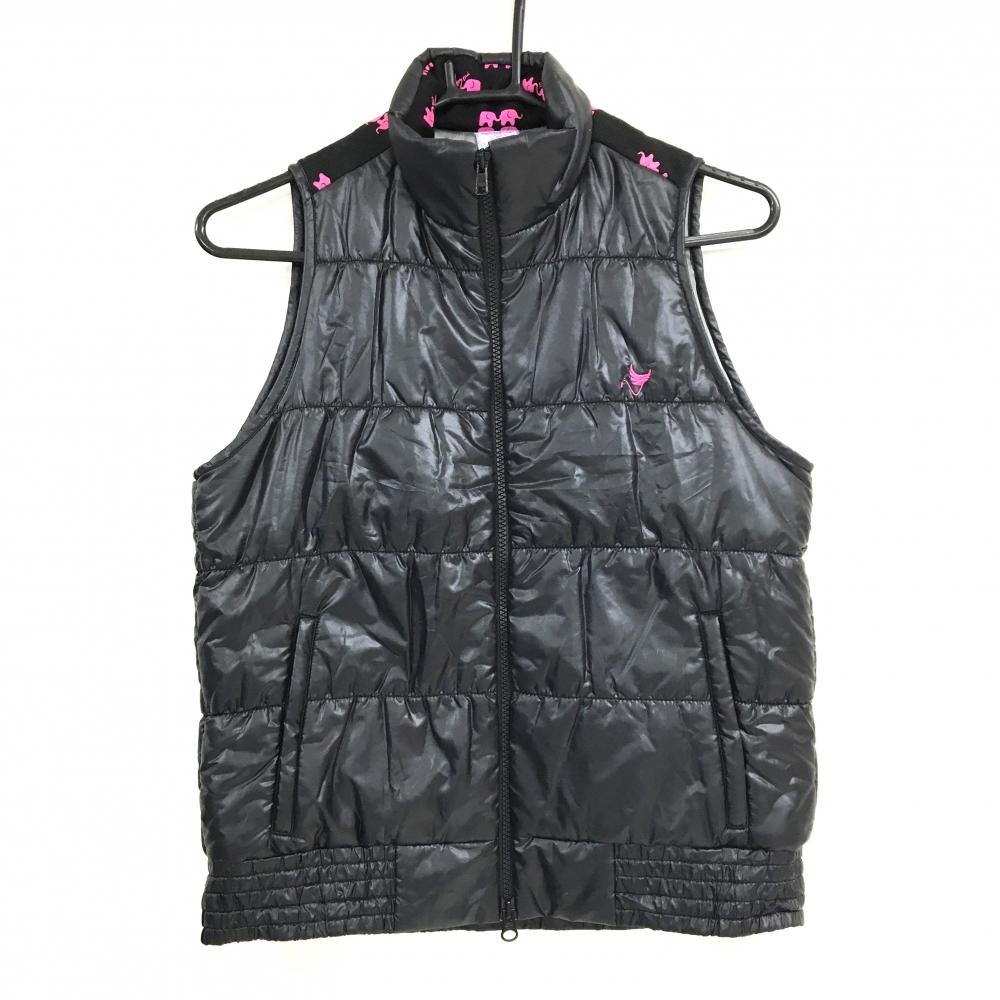 【超美品】クランク 中綿ベスト 黒×ピンク 背面上部エレファント総柄 蓄熱裏地 レディース M ゴルフウェア CLUNK