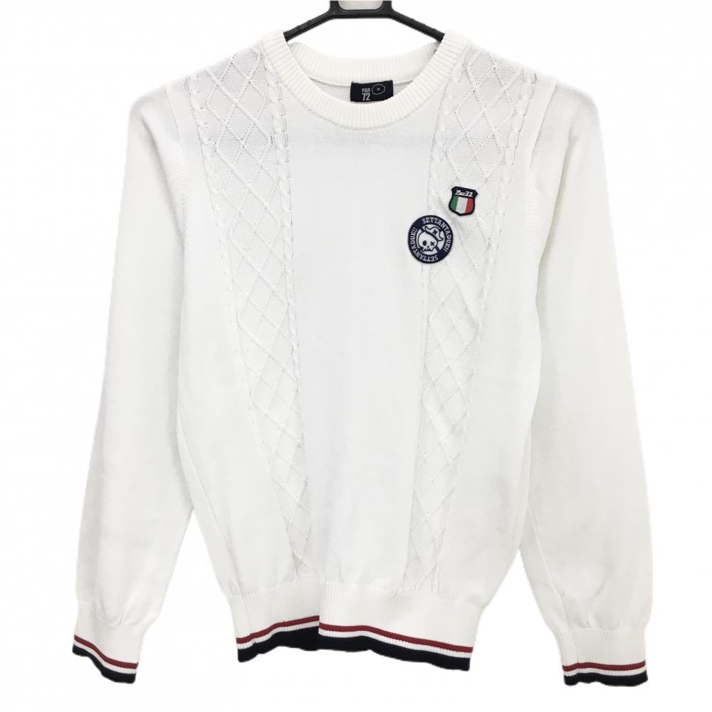 【美品】パーセッタンタドゥエ セーター 白×ネイビー 一部ケーブル編み ワッペン ニット　 レディース M ゴルフウェア PAR72
