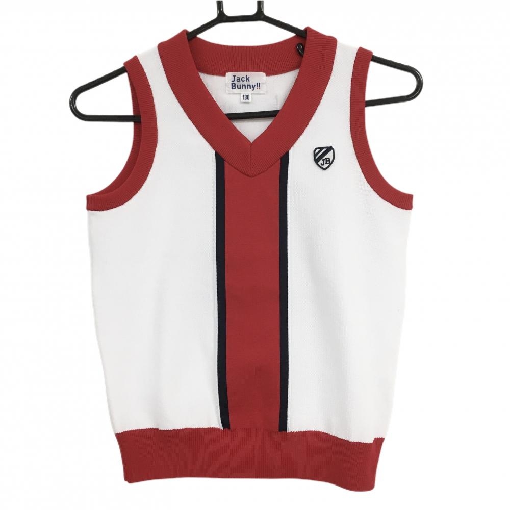 【超美品】ジャックバニー ニットベスト 白×レッド Vネック ジュニア・キッズ 130(SS) ゴルフウェア Jack Bunny