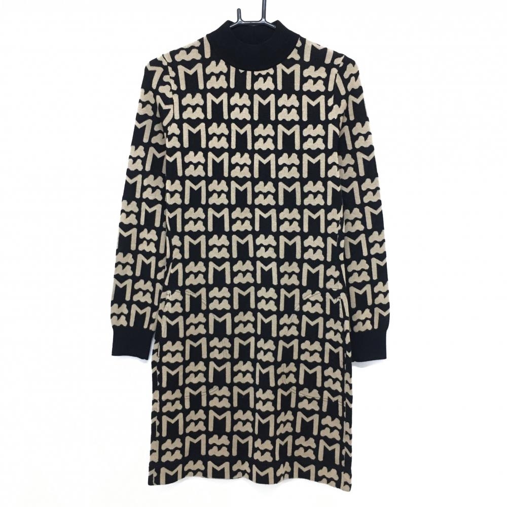 【超美品】ムータマリン ニットワンピース 黒×ベージュ ロゴ総柄 ウール混 レディース 2(M) ゴルフウェア muta