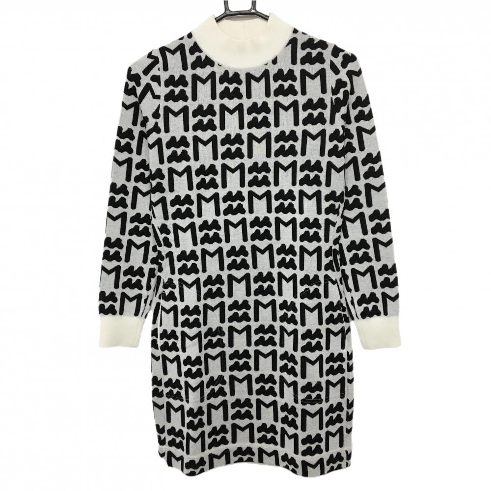 【超美品】ムータマリン ニットワンピース 白×黒 ロゴ総柄 ウール混 レディース 1(S) ゴルフウェア muta