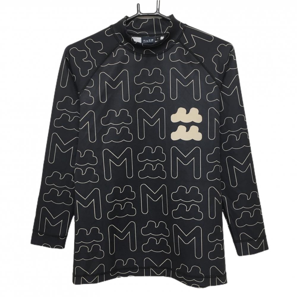 【超美品】ムータマリン 長袖ハイネックシャツ 黒×ベージュ ロゴ総柄 ストレッチ インナー レディース 0(WOMAN FREE) ゴルフウェア muta