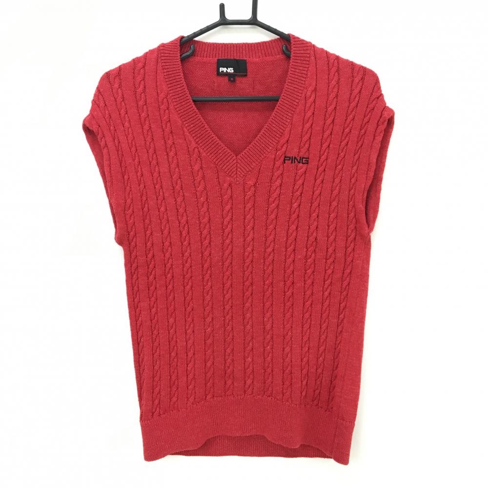 【超美品】ピン ニットベスト レッド ケーブル編み コットン混 メンズ S ゴルフウェア PING