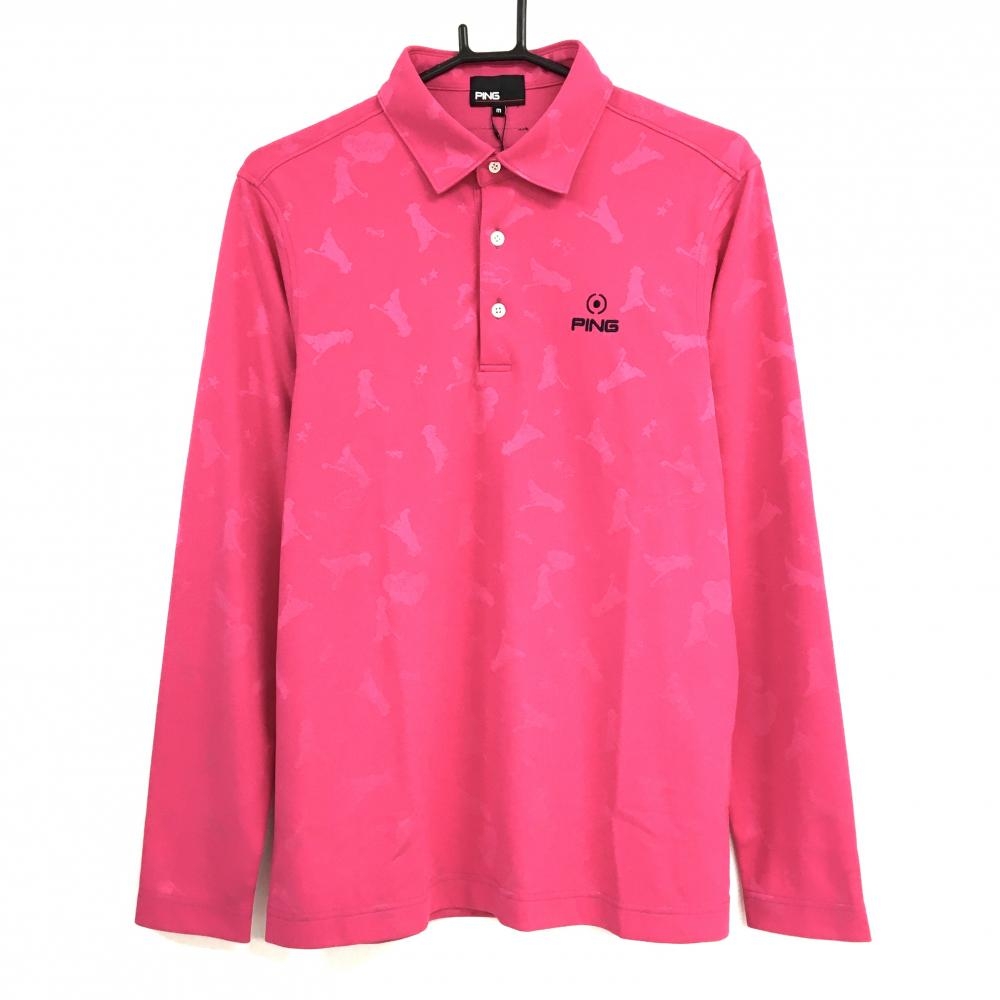 【新品】ピン 長袖ポロシャツ ピンク Mr.PING総柄 ロゴ  メンズ M ゴルフウェア PING
