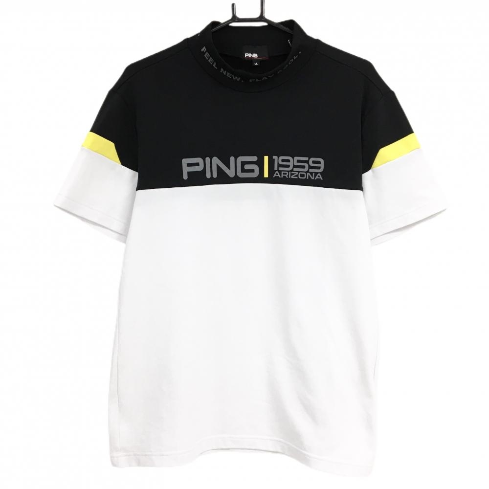 【超美品】ピン 半袖ハイネックシャツ 白×黒 バイカラー ロゴ メンズ LL ゴルフウェア PING