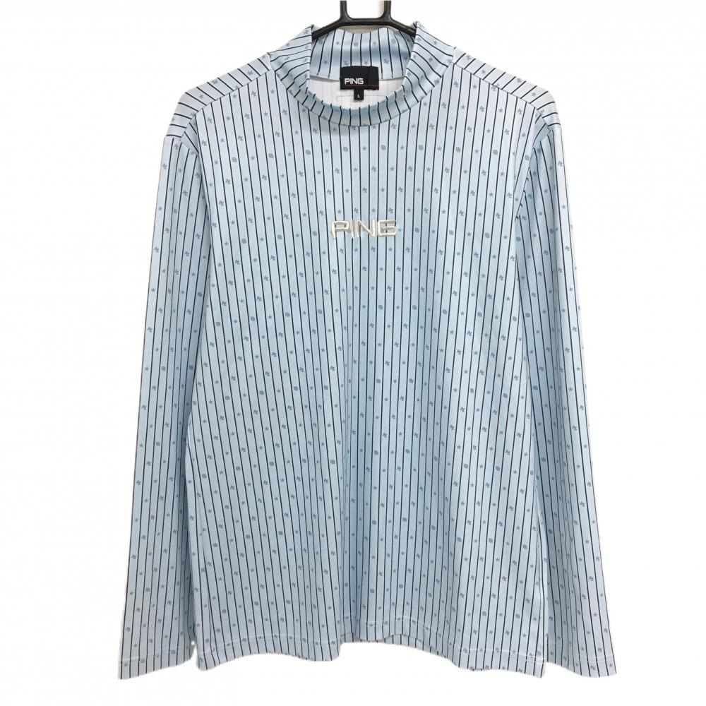 【超美品】ピン 長袖ハイネックシャツ ライトブルー×ネイビー ストライプ 星柄 メンズ L ゴルフウェア 2023年モデル PING