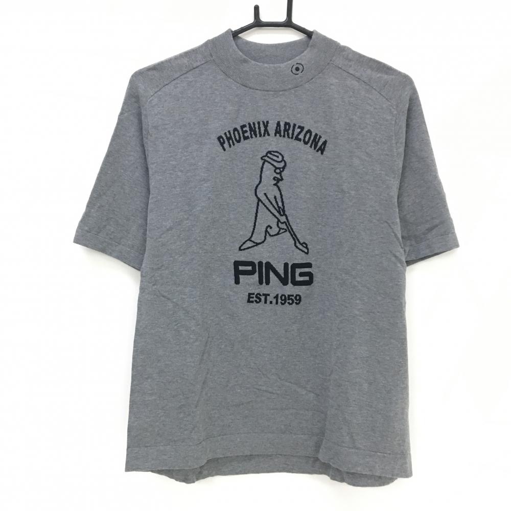【超美品】ピン 半袖セーター グレー×黒 フロントロゴ コットン100％ ニット  メンズ L ゴルフウェア PING