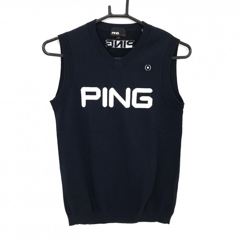 【超美品】ピン ニットベスト ダークネイビー×白 フロントロゴ Vネック レディース M ゴルフウェア PING