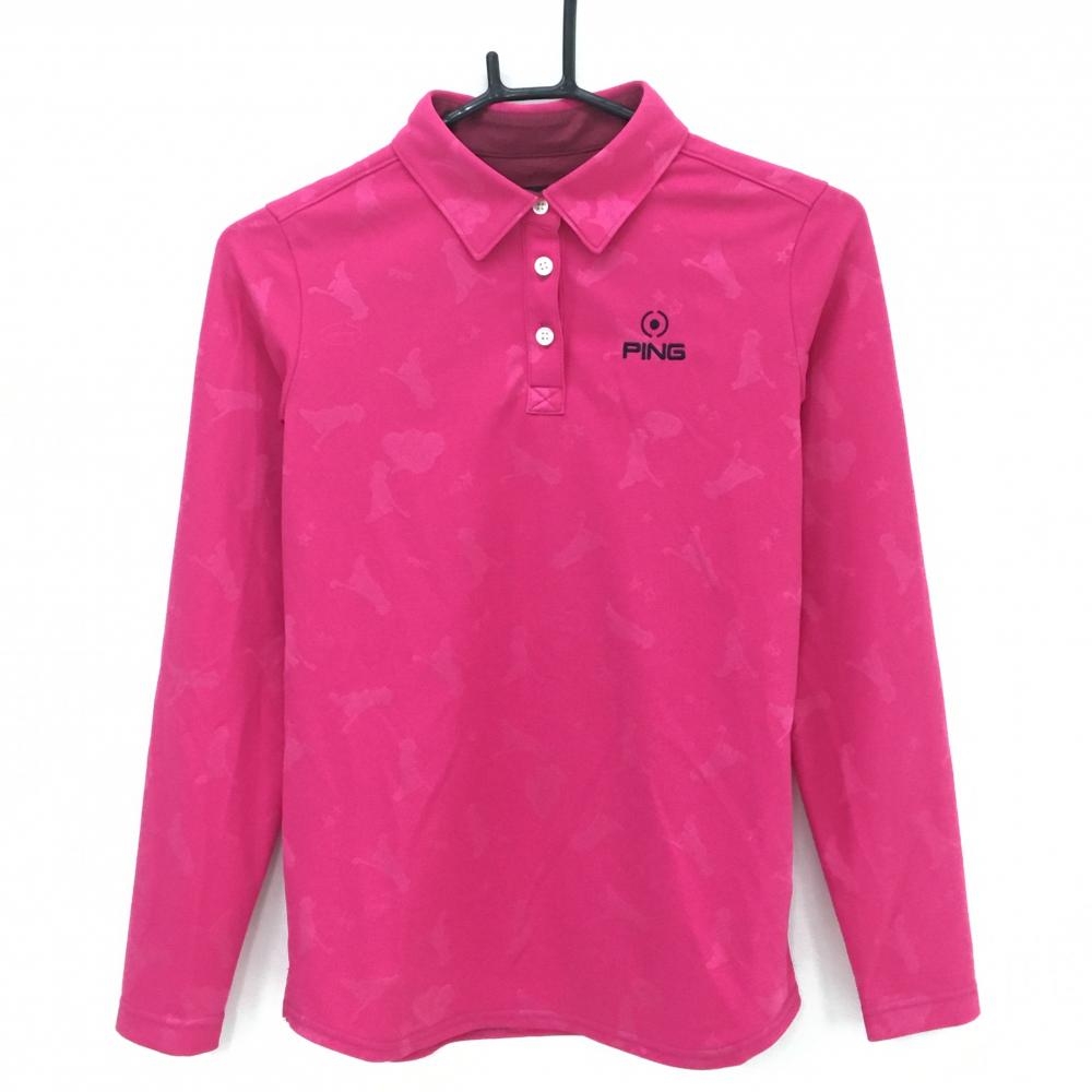 【超美品】ピン 長袖ポロシャツ ピンク 総柄地模様 胸ロゴ レディース S ゴルフウェア PING