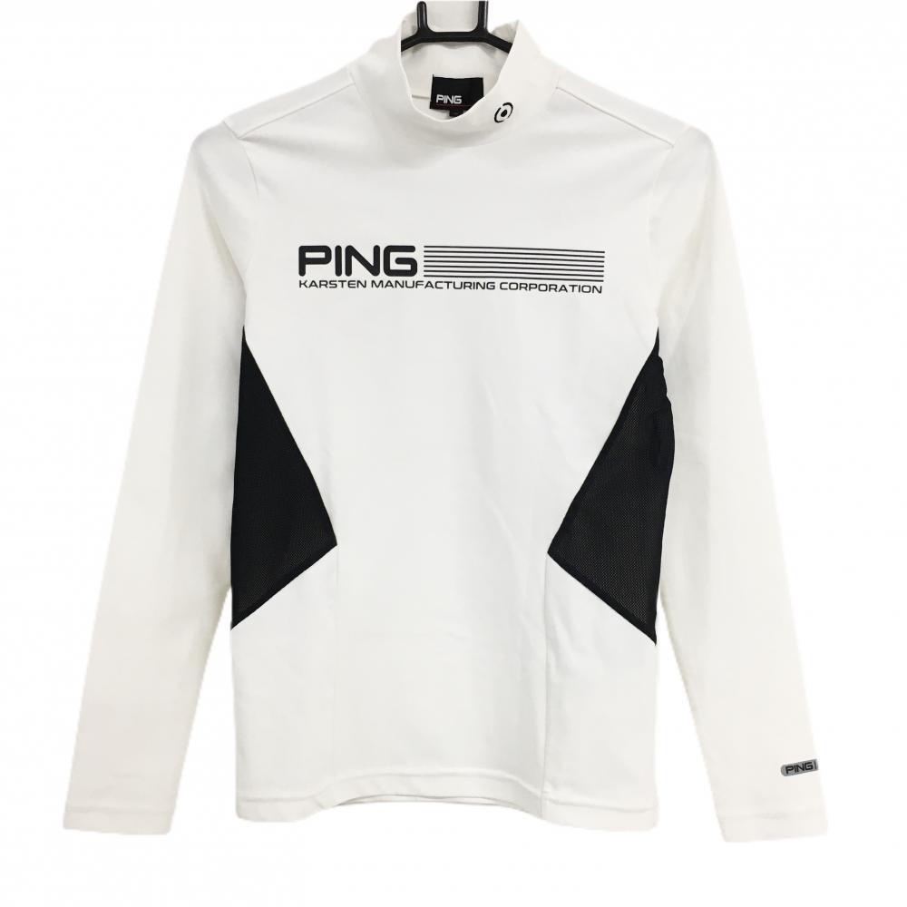 【超美品】ピン 長袖ハイネックシャツ 白×黒 胸元ロゴ サイド一部メッシュ  レディース S ゴルフウェア PING