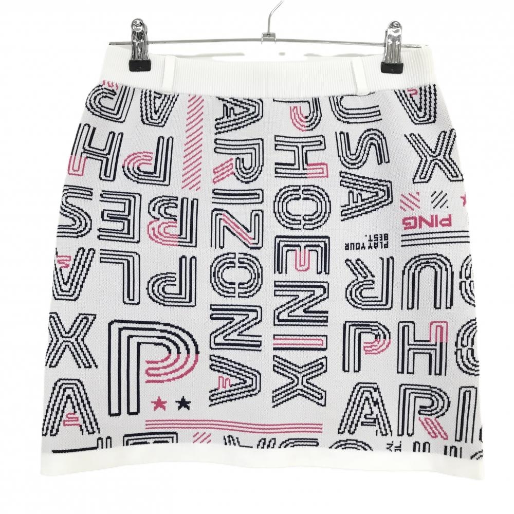 【美品】ピン ニットスカート 白×黒×ピンク 英字総柄 ウエストゴム レディース L ゴルフウェア 2023年モデル PING
