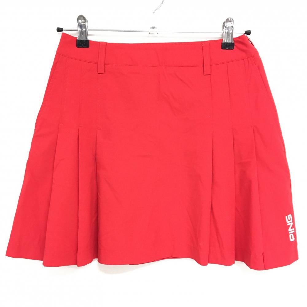 美品】ピン スカート レッド サイドプリーツ 裾ロゴ レディース S