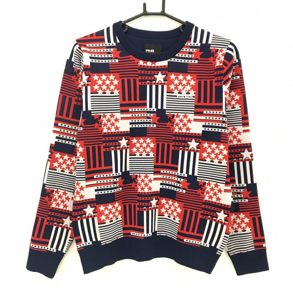 【超美品】ピン セーター レッド×ネイビー×白 総柄 星柄 ストライプ ニット レディース M ゴルフウェア PING