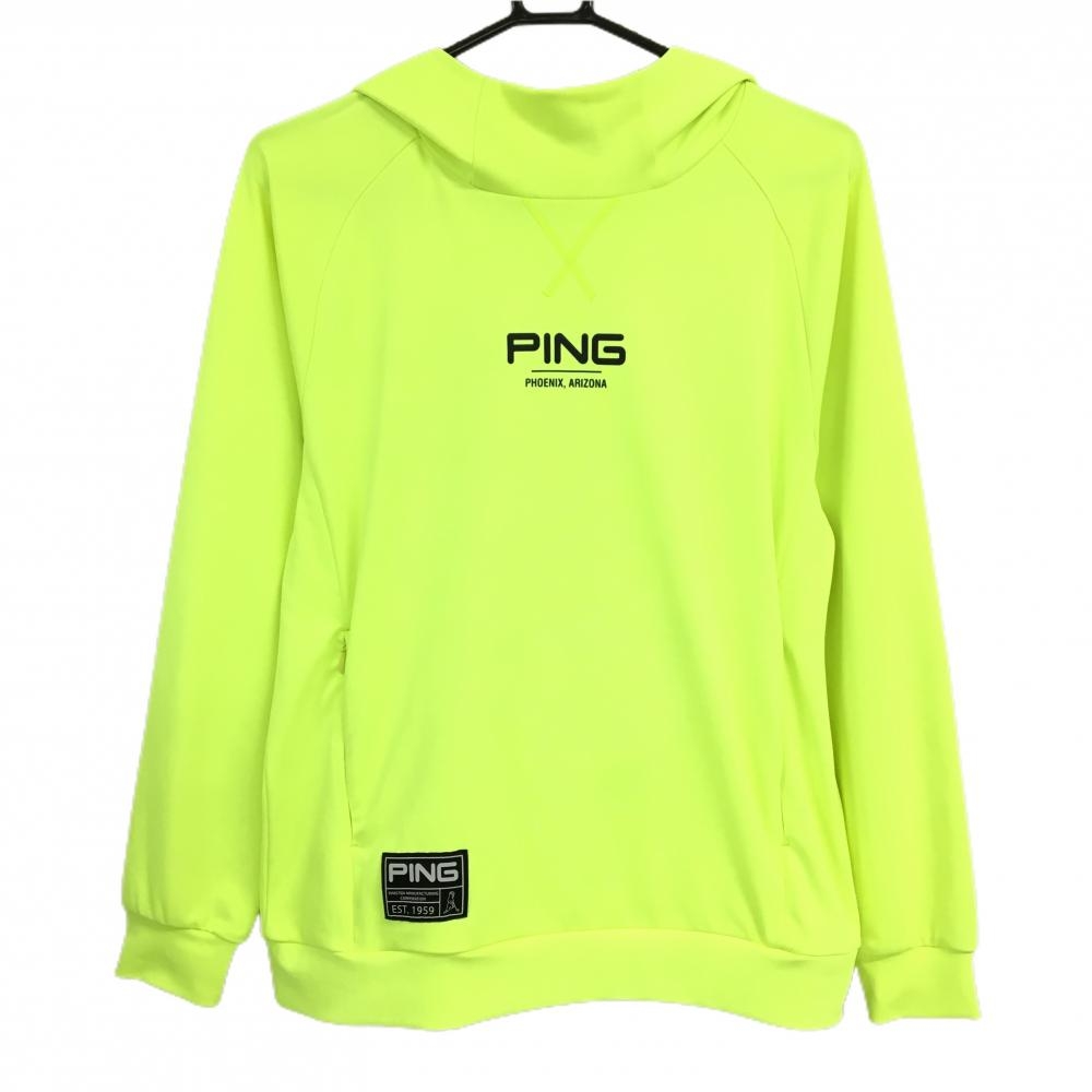 【美品】ピン パーカー 蛍光イエロー×黒 フロントロゴプリント 薄手 レディース S ゴルフウェア 2023年モデル PING