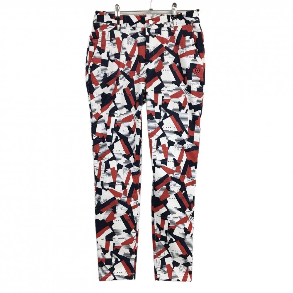 【新品】ピン パンツ 白×ネイビー×レッド 総柄 裏起毛 クロスムービング レディース L ゴルフウェア PING