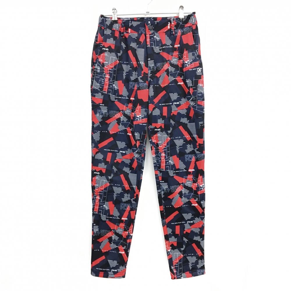 【超美品】ピン パンツ ネイビー×レッド×黒 総柄 裏起毛 レディース L ゴルフウェア PING