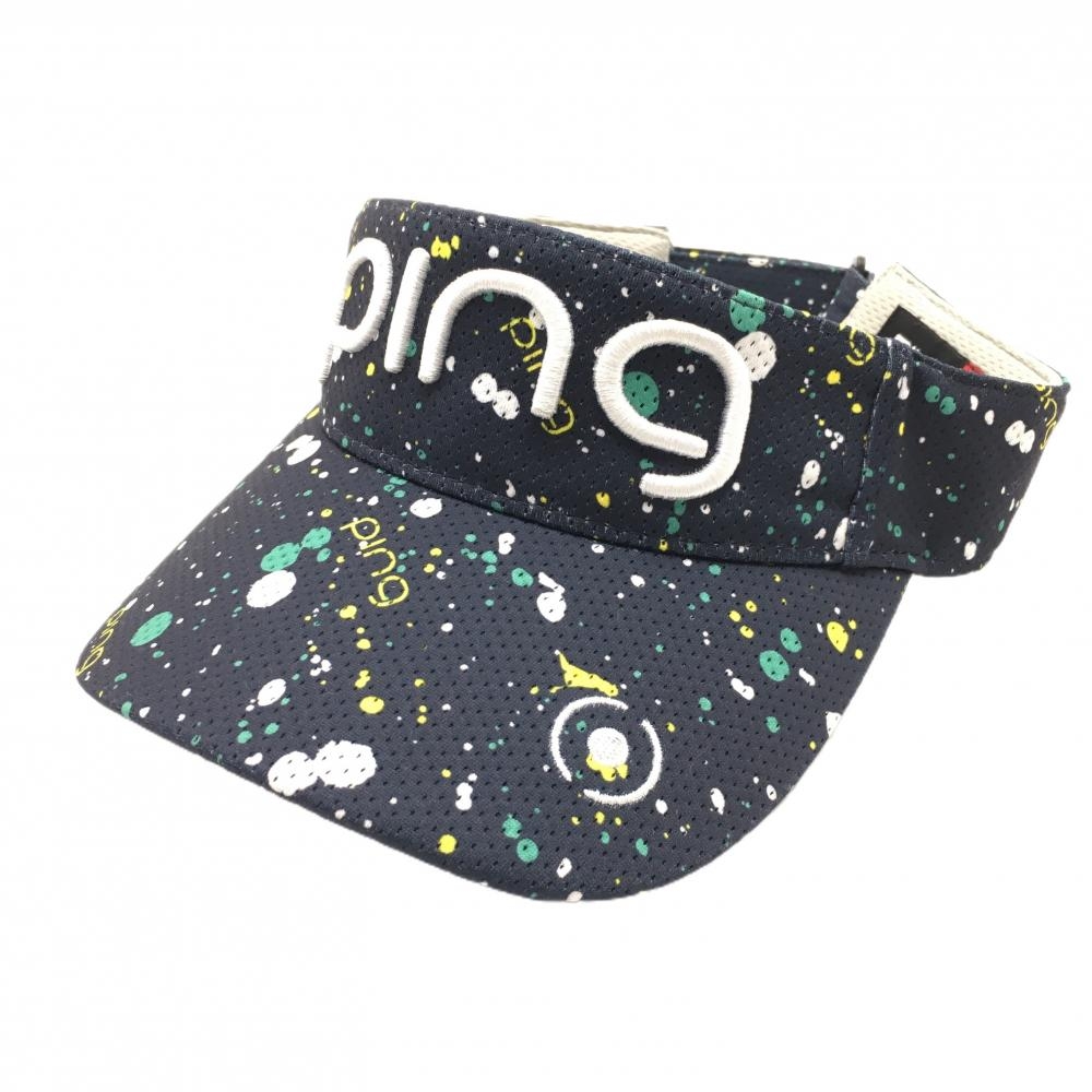 ピン サンバイザー ネイビー×白 総柄 立体ロゴ  ONE SIZE   ゴルフウェア PING