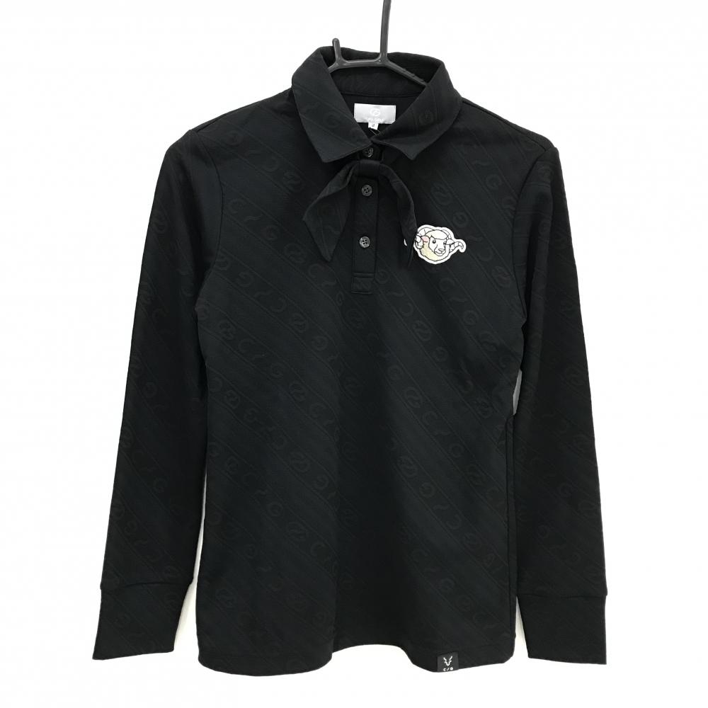 【新品】CPG 長袖ポロシャツ 黒 ロゴ地模様 斜めストライプ調 ヒツジワッペン レディース 3(L) ゴルフウェア 2024年モデル CPG