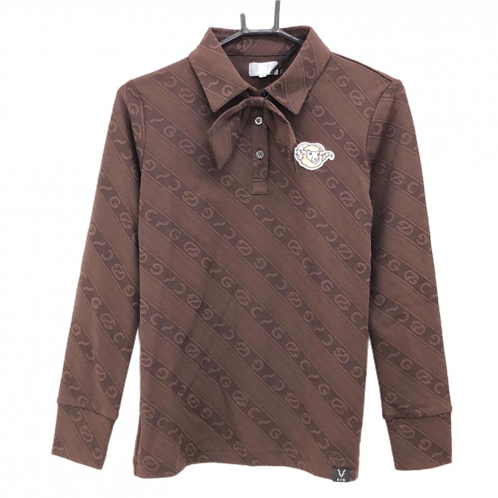 【新品】CPG 長袖ポロシャツ ブラウン ロゴ地模様 斜めストライプ調 ヒツジワッペン 蝶ネクタイ着脱可 レディース 3(L) ゴルフウェア CPG