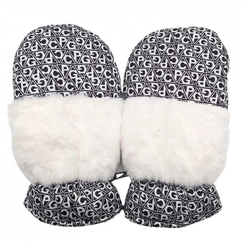 【新品】CPG 手袋 黒×白 ロゴ総柄 一部ボア ミトングローブ レディース ONE ゴルフウェア CPG