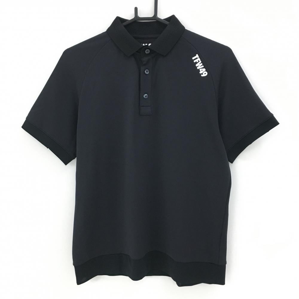 【美品】TFW49 半袖ポロシャツ 黒 ロゴ白 袖口・裾メッシュ メンズ 3(S) ゴルフウェア TFW49