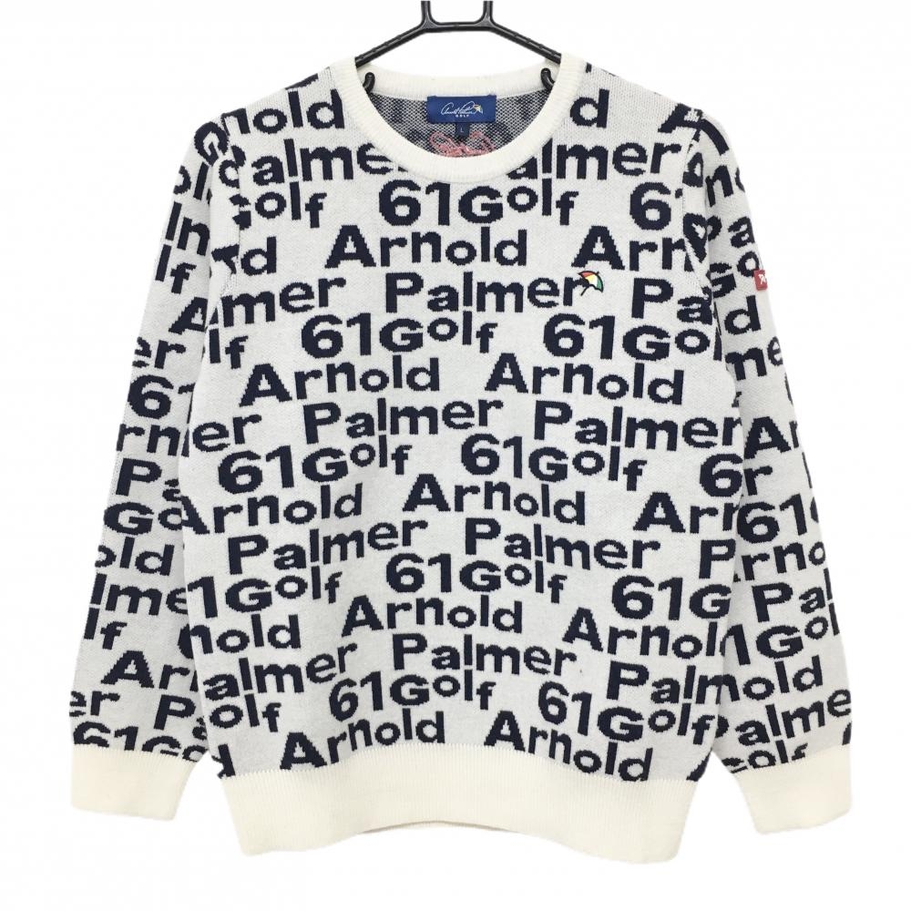 【美品】アーノルドパーマーゴルフ セーター 白×ネイビー ロゴ総柄 ニット  レディース L ゴルフウェア Arnold Palmer
