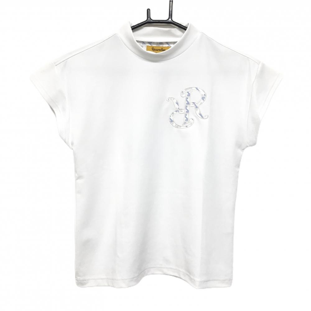 レザレクション 半袖ハイネックシャツ 白×ブルー 背面ロゴ レディース S ゴルフウェア Resurrection