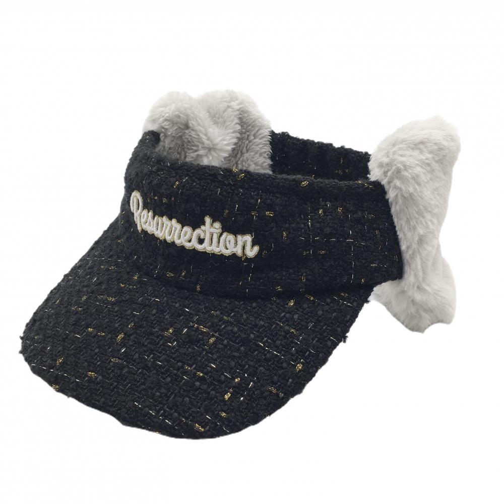 【美品】レザレクション 耳当て付サンバイザー 黒×ゴールド ツイード調 ラメ糸  レディース フリーサイズ ゴルフウェア Resurrection