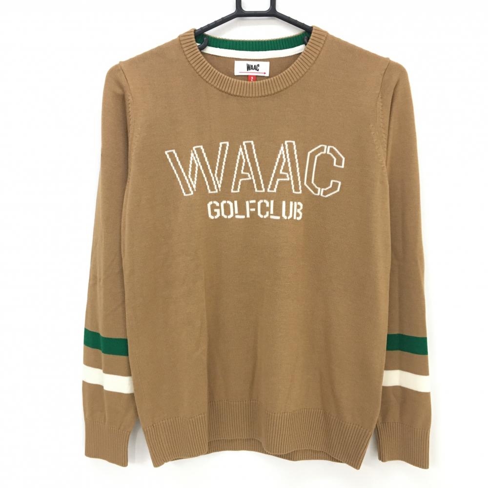 【超美品】ワック セーター ライトブラウン×白系×グリーン フロントロゴ ウール混 ニット レディース 2(M) ゴルフウェア WAAC