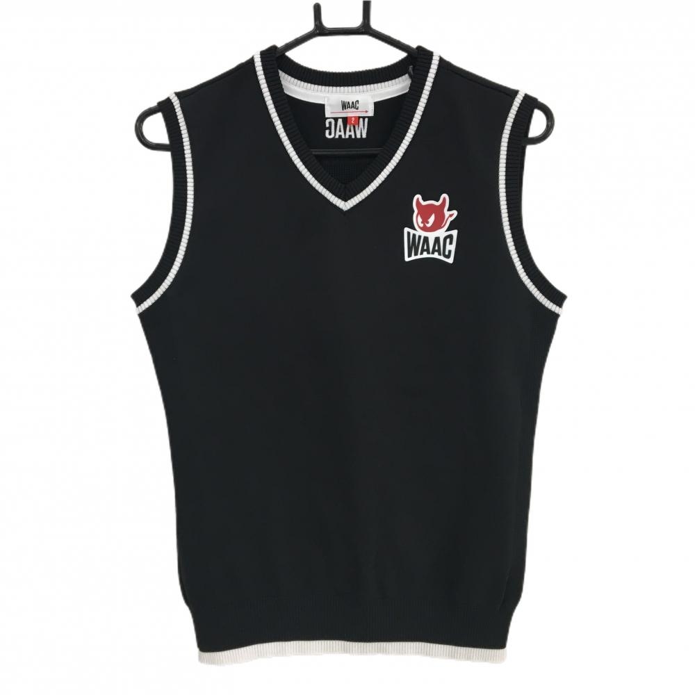 【超美品】ワック ニットベスト 黒×白 胸ロゴ Vネック  レディース 2(M) ゴルフウェア WAAC