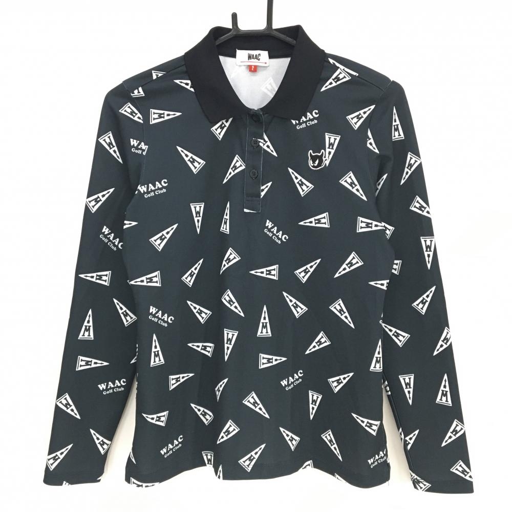【超美品】ワック 長袖ポロシャツ 黒系×白 総柄 胸ロゴ レディース 2(M) ゴルフウェア WAAC