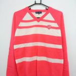23区ゴルフ 長袖セーター ピンク×白 ボーダー Vネック