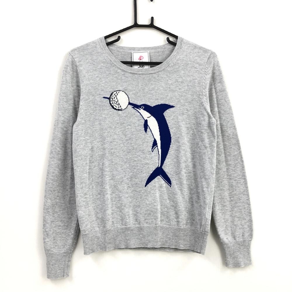 ジュンアンドロペ 長袖ニットセーター ライトグレー×ブルー カジキ  