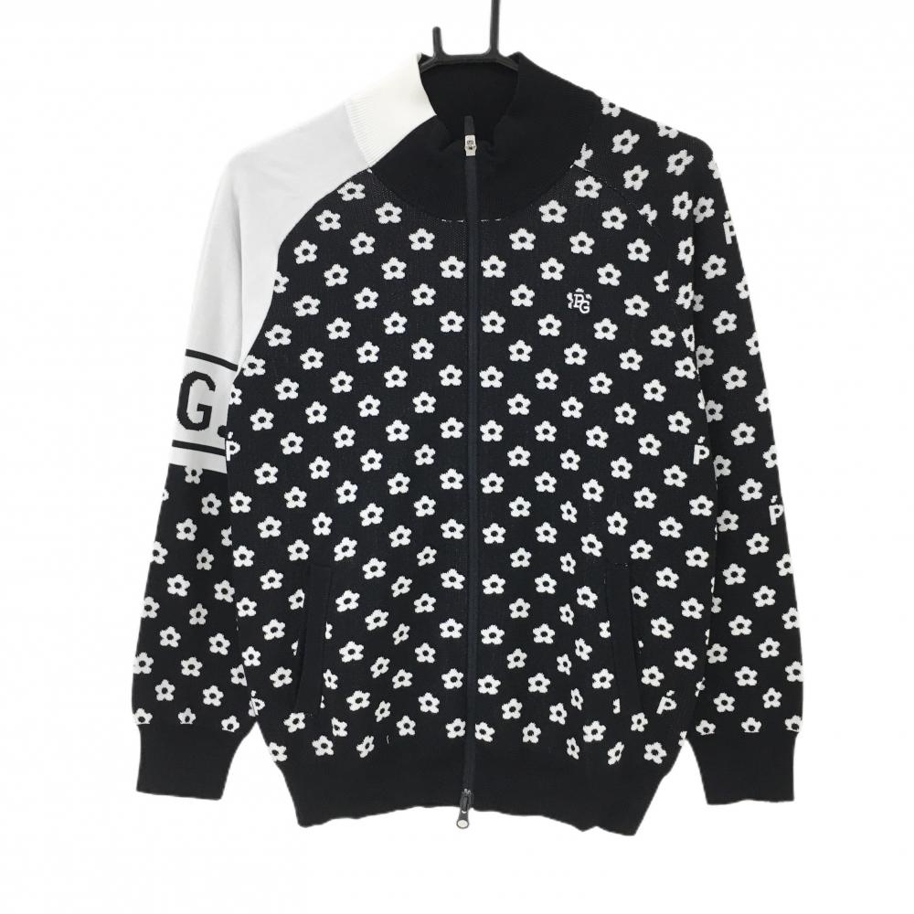 【超美品】パーリーゲイツ ニットジャケット ネイビー×白 花柄 レディース 1(M) ゴルフウェア 2023年モデル PEARLY GATES