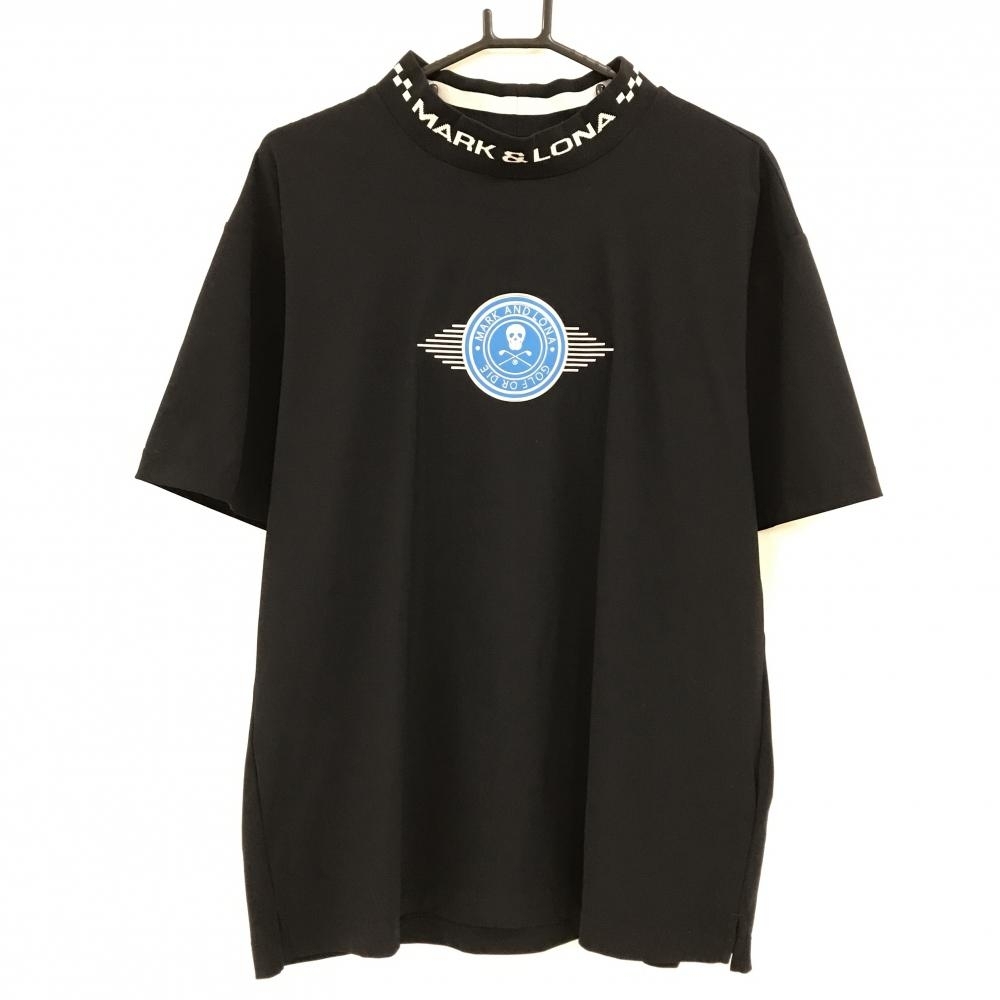 【超美品】マークアンドロナ 半袖ハイネックシャツ 黒×ライトブルー ネックロゴ メンズ 50(XL) ゴルフウェア 2025年モデル MARK＆LONA