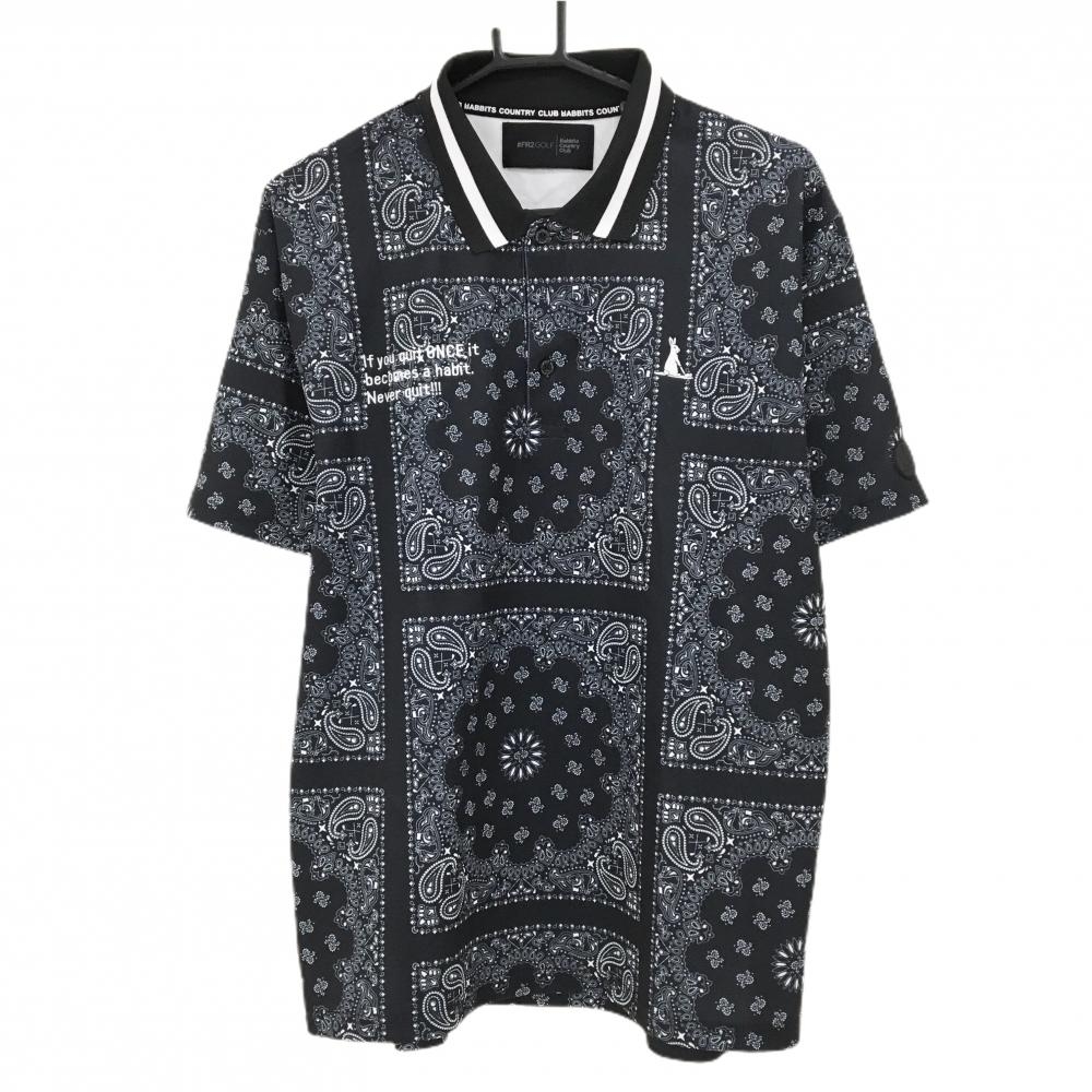【超美品】エフアールツー 半袖ポロシャツ 黒×白 総柄 背面ビッグプリント メンズ L ゴルフウェア #FR2 GOLF