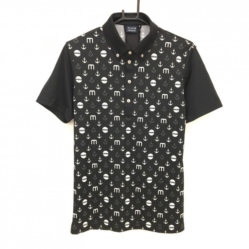 【超美品】ムータマリン 半袖ポロシャツ 黒×白 身頃総柄 イカリ ボタンダウン メンズ 5(M) ゴルフウェア 2024年モデル muta