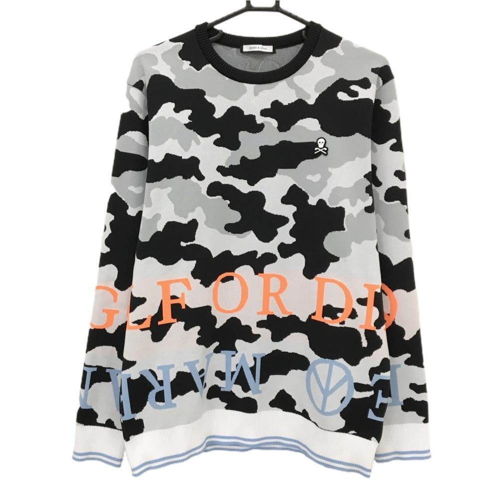 【美品】マークアンドロナ セーター 白×黒 カモフラ 迷彩 ニット メンズ 48(L) ゴルフウェア MARK＆LONA