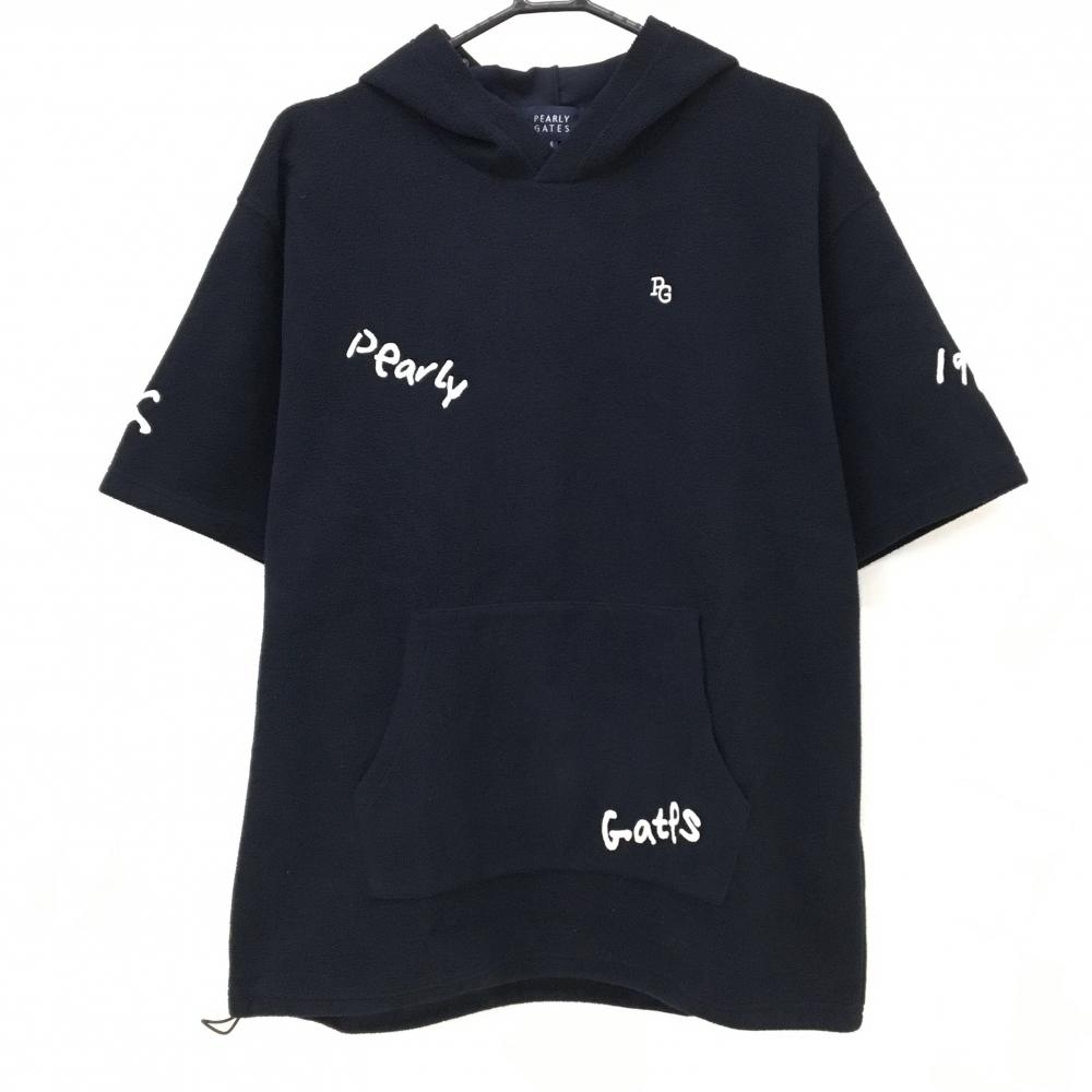 【超美品】パーリーゲイツ 半袖パーカー 黒 ロゴ総柄 フリース ストレッチ メンズ 6(XL) ゴルフウェア 2026年モデル PEARLY GATES