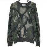 【超美品】マークアンドロナ セーター グレー×白×グリーン ボーダー調総柄 メンズ 50(XL) ゴルフウェア MARK＆LONA