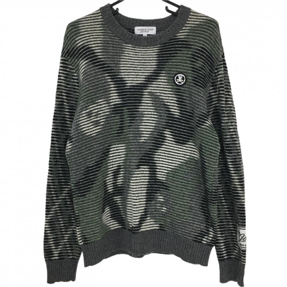 【超美品】マークアンドロナ セーター グレー×白×グリーン ボーダー調総柄 メンズ 50(XL) ゴルフウェア MARK＆LONA