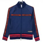 【超美品】マークアンドロナ ブルゾン ネイビー×レッド 斜めロゴ総柄地模様 バックロゴ レディース 36(S) ゴルフウェア MARK＆LONA
