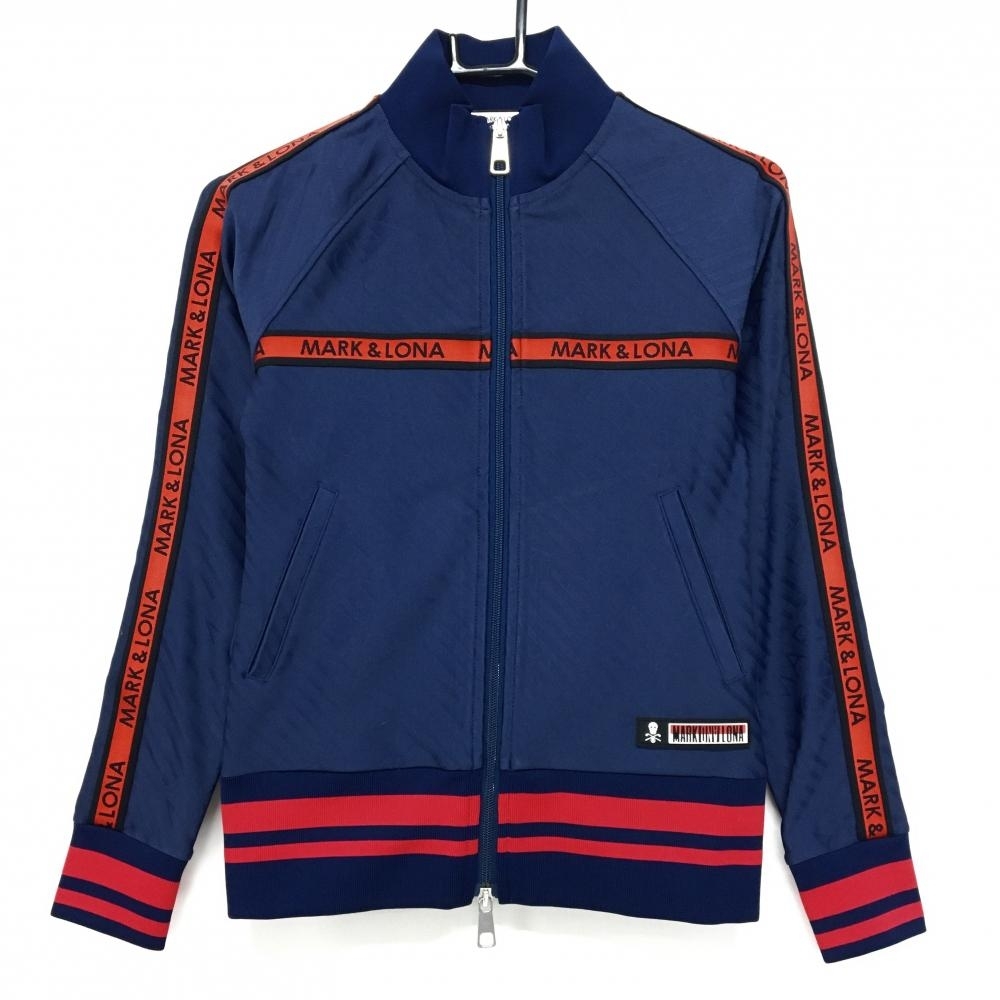 【超美品】マークアンドロナ ブルゾン ネイビー×レッド 斜めロゴ総柄地模様 バックロゴ レディース 36(S) ゴルフウェア MARK＆LONA